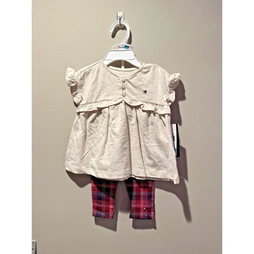 Tommy Hilfiger Baby Girls 2PC Set Cream Ruffle Top Red Plaid Leggings NWT